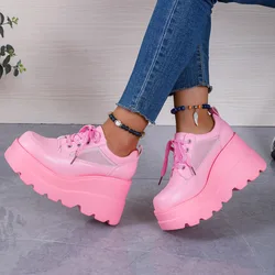 2024 Spring Autumn New Women's Vulcanize Shoes Inner Heightening Wedges Sneakers Pink White Platform Lace Up Zapatillas Mujer