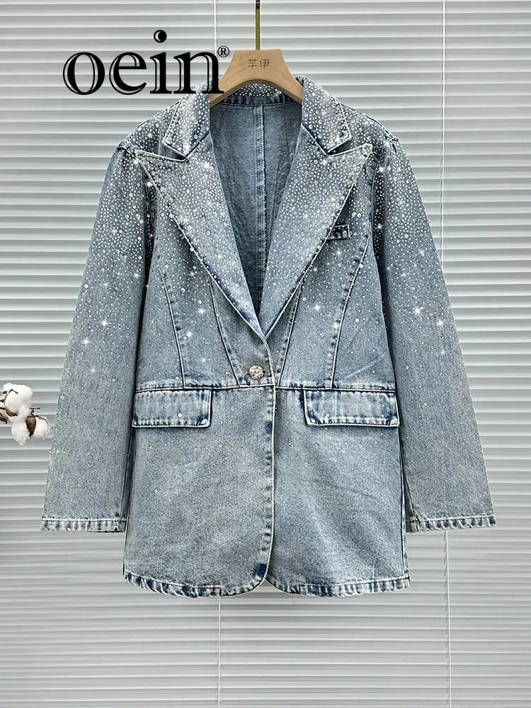 

[oein] European Ins Rhinestone Denim Top For Women's Fashion Autumn New Collection Loose And Versatile Mid Length Suit Jacket