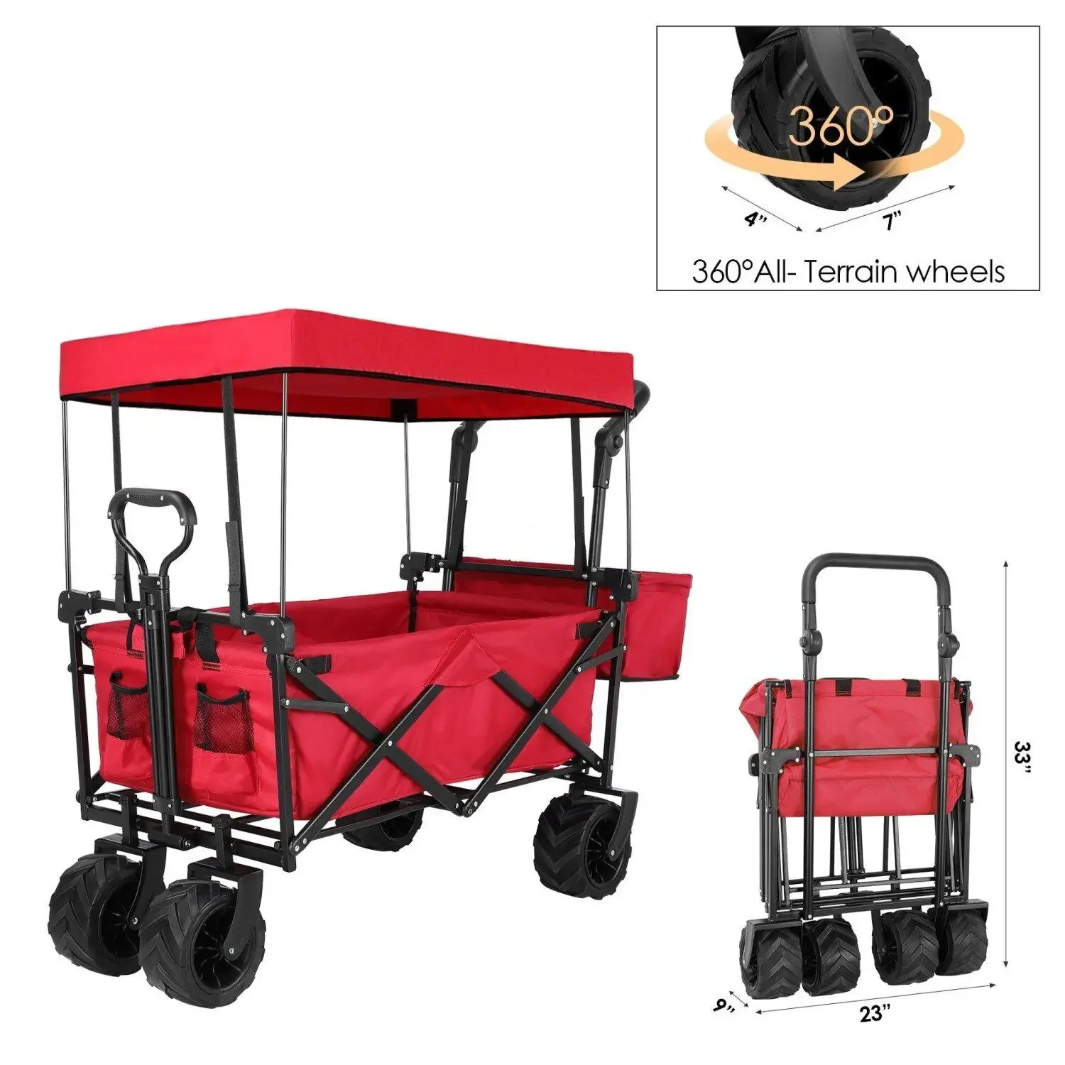 Collapsible Folding Wagon Cart W/ Canopy Outdoor Folding Utility Garden Cart with 360-degree Swivel Off-road Wheels