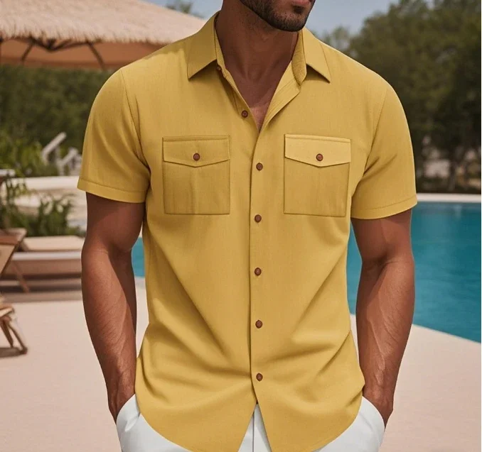 Summer New Men's American Retro Short Sleeve Shirt Amikaji workwear Wind Light Core Velvet Loose Casual Shirt