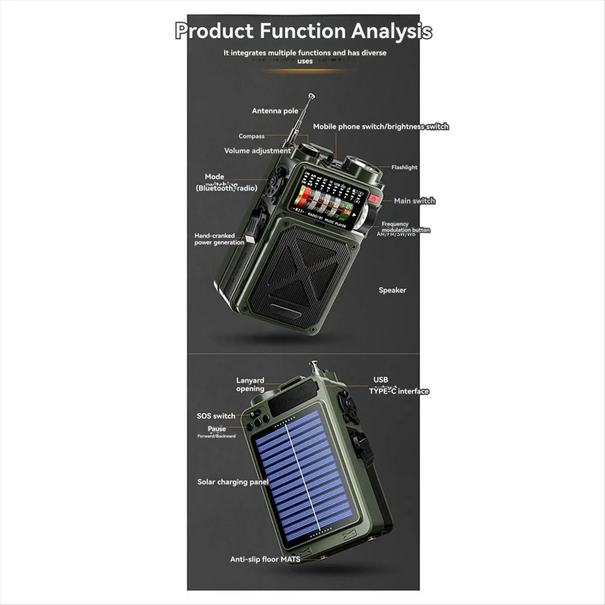

A10R Emergency Multifunctional Radio Bluetooth Speaker Compass Flashlight Solar Powered Hand Cranked Generator Power Bank