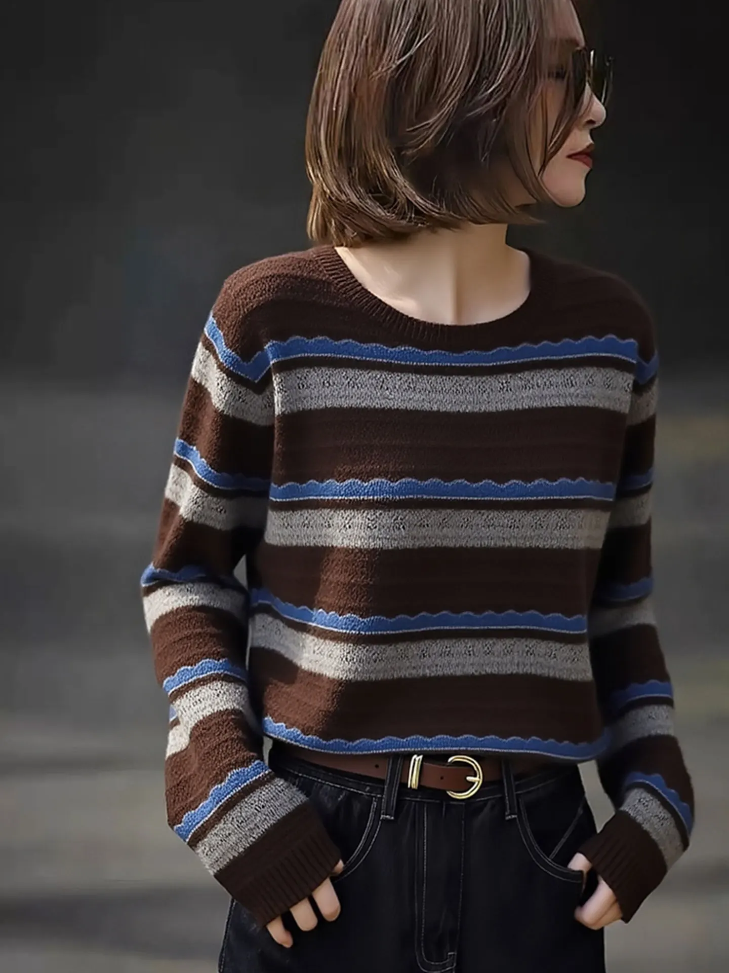 

Элитный европейский бренд: Полосатый вязаный свитер с длинными рукавами, универсальный, повседневный, свободный, стройнящий, зимний, для женщин