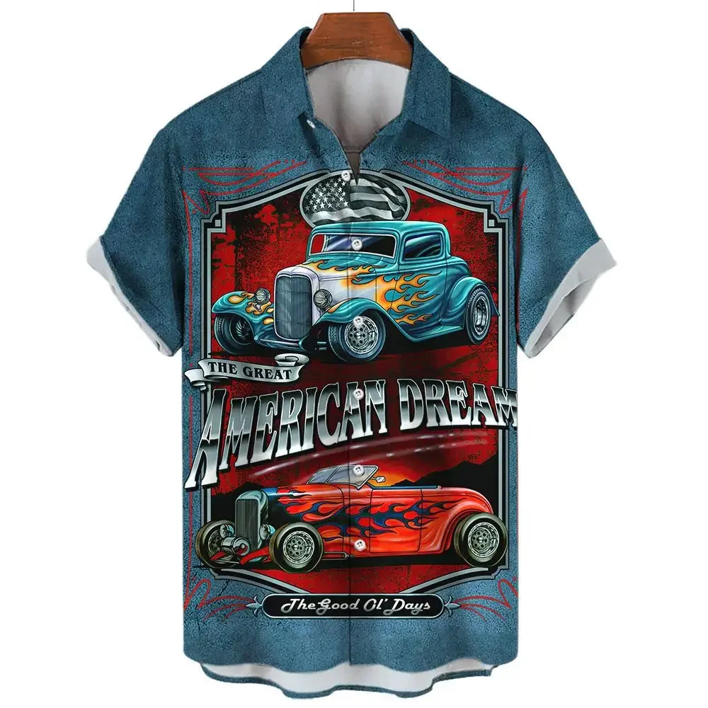 2023 New Retro Classic Car Fashionable and Handsome Printed Short-Sleeved Men\'s Shirt Casual and Comfortable Lapel Cardigan Top