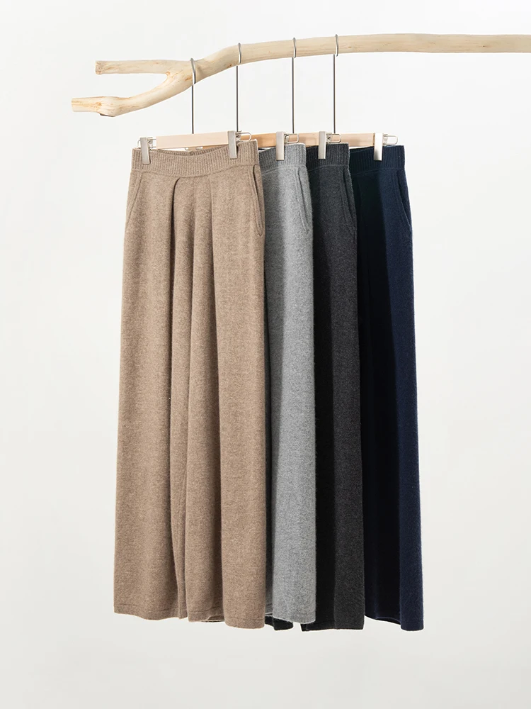 من المألوف عادية بسيطة الراحة محبوك واسعة الساق السراويل بنطلون المرأة الأساسية الخريف الشتاء الدافئة لينة 100% الكشمير قيعان