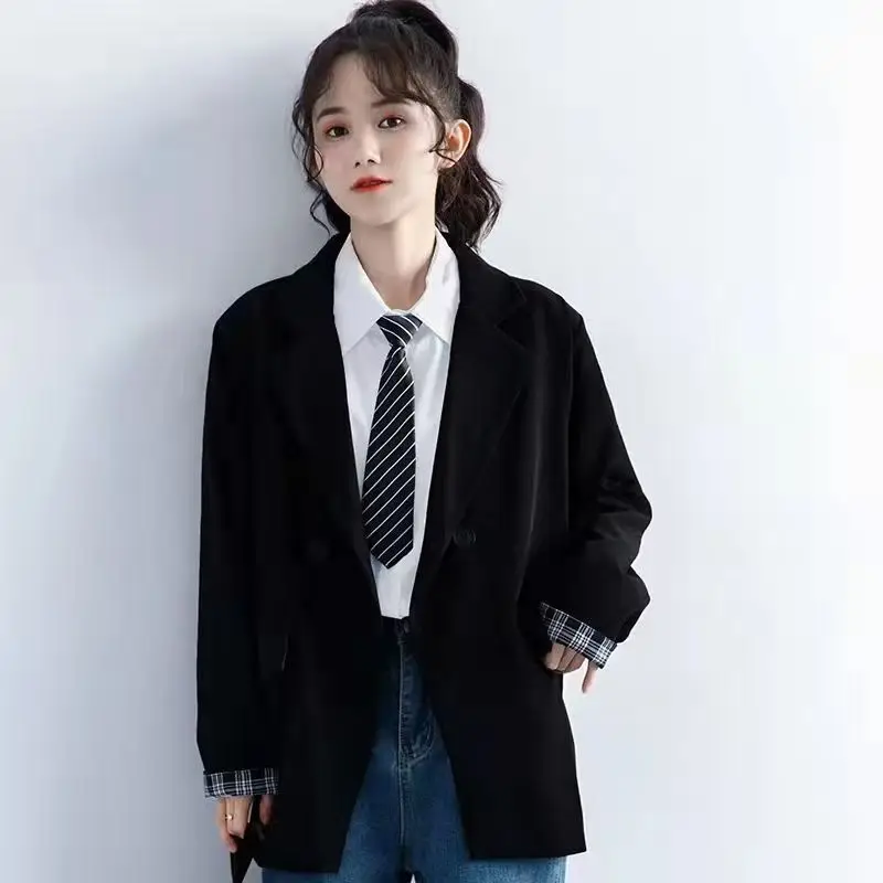 ​Petite Women's Spring Autumn Black Rolled Cuffs Blazer New Arrival Loose Vintage Casual Plaid Korean Style Chic Suit Jacket​