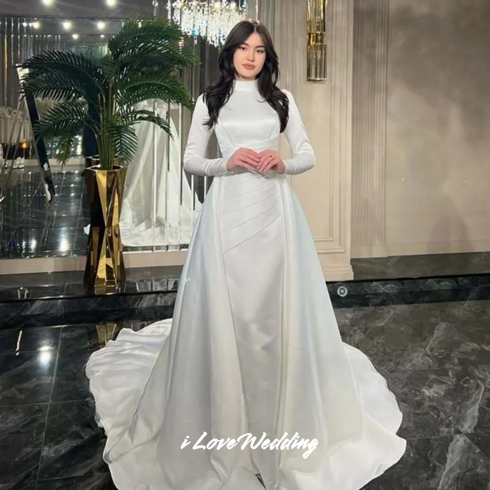Simple High Neck Wedding Dresses 2025 Long Sleeve Mermaid Trailing Arabic Bridal Gowns Muslim Dubai Simple Pleated Customized