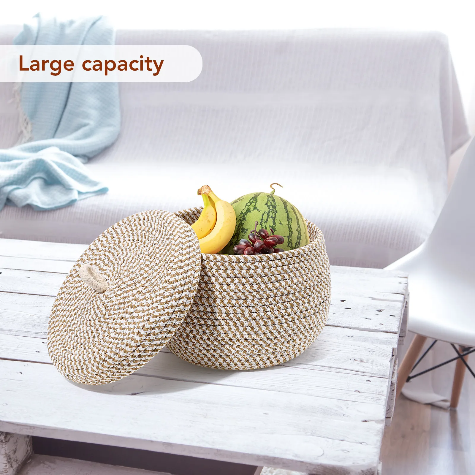 Minimalist Round Cotton Rope Basket with Lid Woven Storage Organizer for Home Decor Living Room Bedroom Kitchen Shelf Desktop
