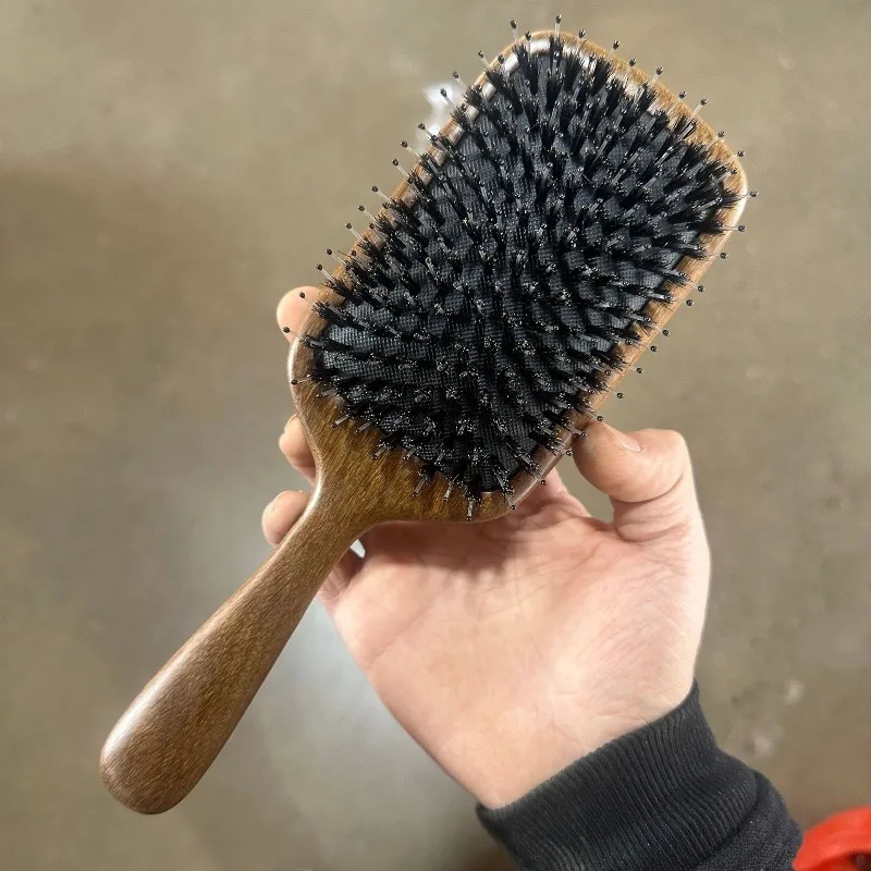 Pettine a cuscino d'aria con setole di cinghiale in legno di sandalo: massaggio del cuoio capelluto e pettine meridiano, capelli lisci, aggiunge volume, perfetto per l'uso domestico.