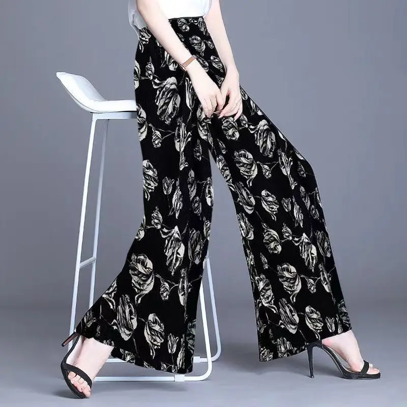 

2023Spring Office Lady Printing Chiffon High Waist Wide Leg Women Clothing Korean Pleated Elastic Waist Trousers Ladies Pants