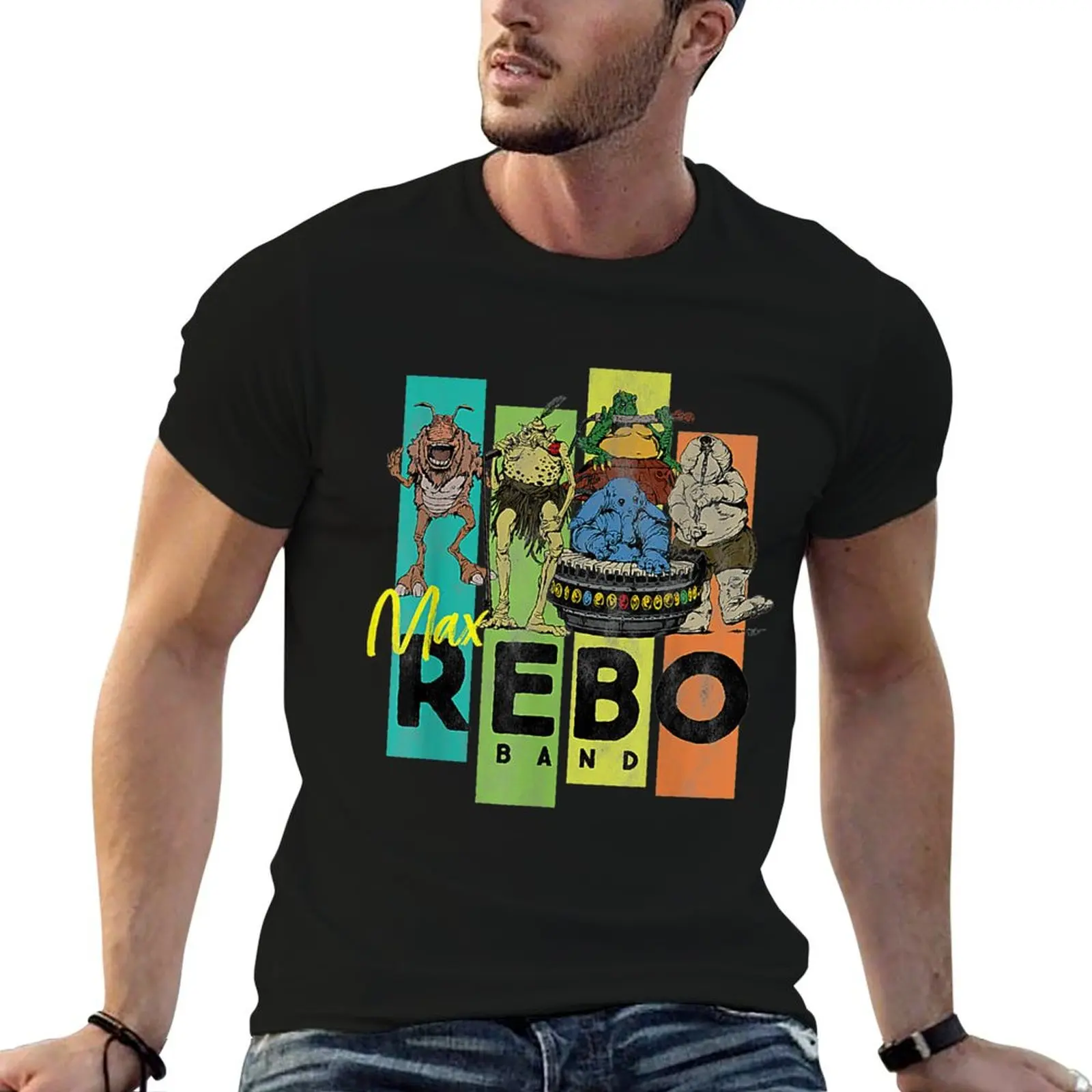 Camiseta vintage de la banda Aliens Max Rebo, camiseta de diseño para hombre, camisetas gráficas de diseñador para hombre, camiseta