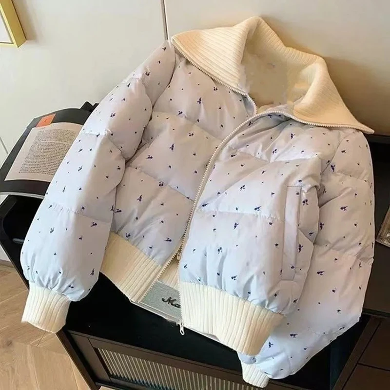 Sweet Floral Cropped Parkas Women Winter Blue Patchwork Preppy Casual Puffy Coats Student Loose Cute Zipper Female Short Outwear