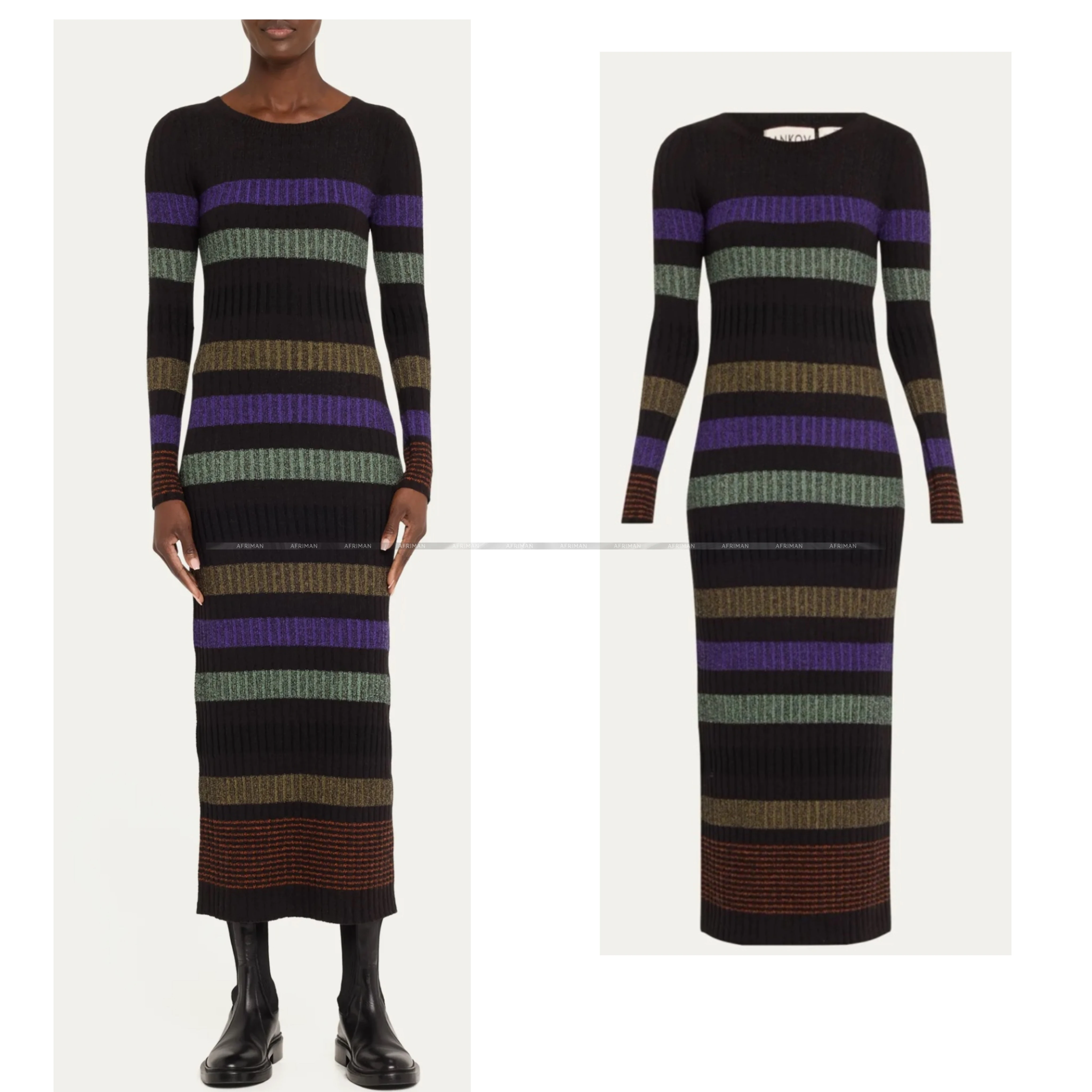 

Women Autumn New Hit the Color Striped Round Neck Long Sleeve Slim Step Long Knit Dress