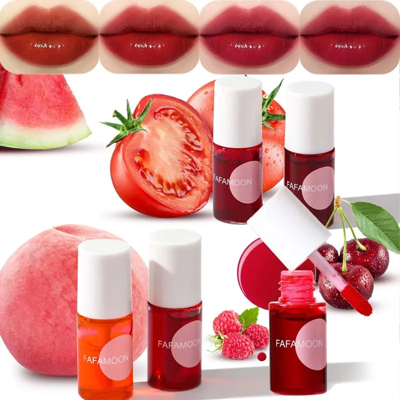 Tinte labial afrutado de 4 colores, tinte brillante con efecto agua, hidratante, de larga duración, resistente al agua, lápiz labial líquido, color rojo rosado, cosméticos para labios y mejillas.