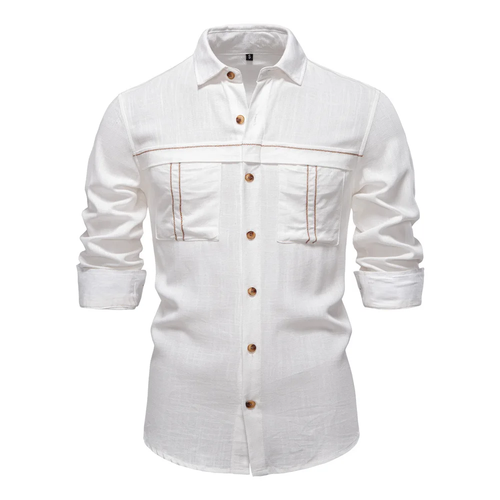 

Men's casual shirt Solid color pocket decoration long sleeve shirt Men 2025 Spring/Summer new EUR size 2XL