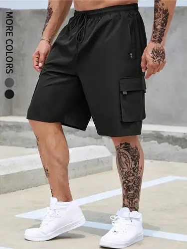 Imagen 1 del producto Pantalones cortos cargo lisos de estilo regular para hombre con cordones y cremalleras ajustables, pantalones cortos casuales, adecuados para baloncesto de verano y vacaciones en la playa, viajes diarios, fitness y otras escenas