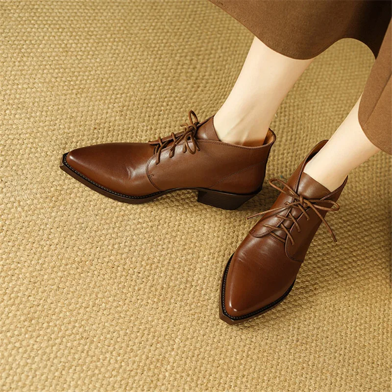 New Autumn/Winter Genuine Leather Women Shoes Pointed Toe Chunky Heel Ankle Boots for Women Lace Short Boots Zapatos De Mujer