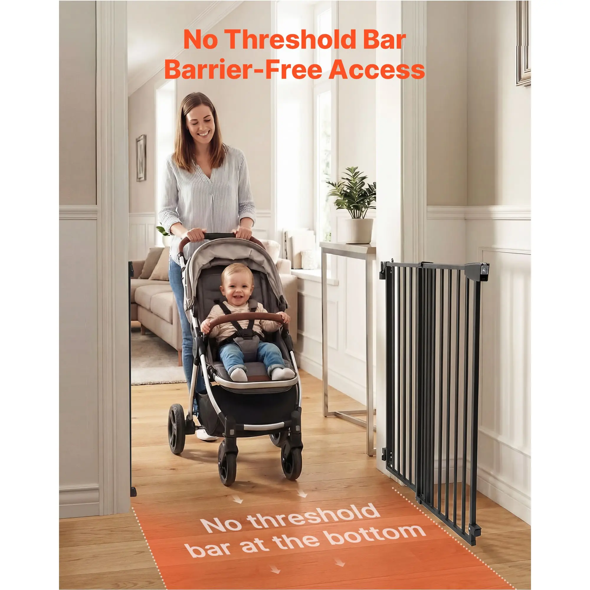 Baby Gate for Stairs, 28-43 in Adjustable Width, 30 in High Dog Gate, No Bottom Bar, One-Handed Operation, Easy Drilling