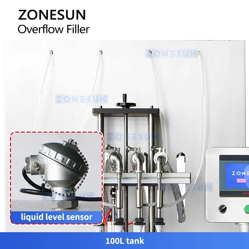 Zonesun-enchufadora de botellas por gravedad de 4 cabezales, máquina de llenado de desbordamiento, equipo de llenado de sifón, ZS-VTGZ100 de embalaje de vino