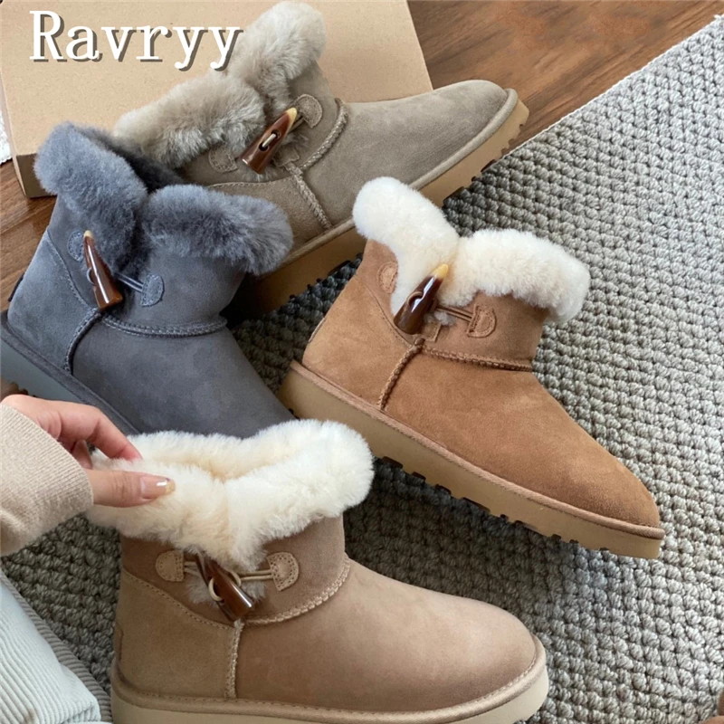 

Women Winter New Warm Snow Boots Platform Round Toe Cowhide Buckle Fur Flat Sole Slip On Ankle Boots Brand Design Casual Shoes
