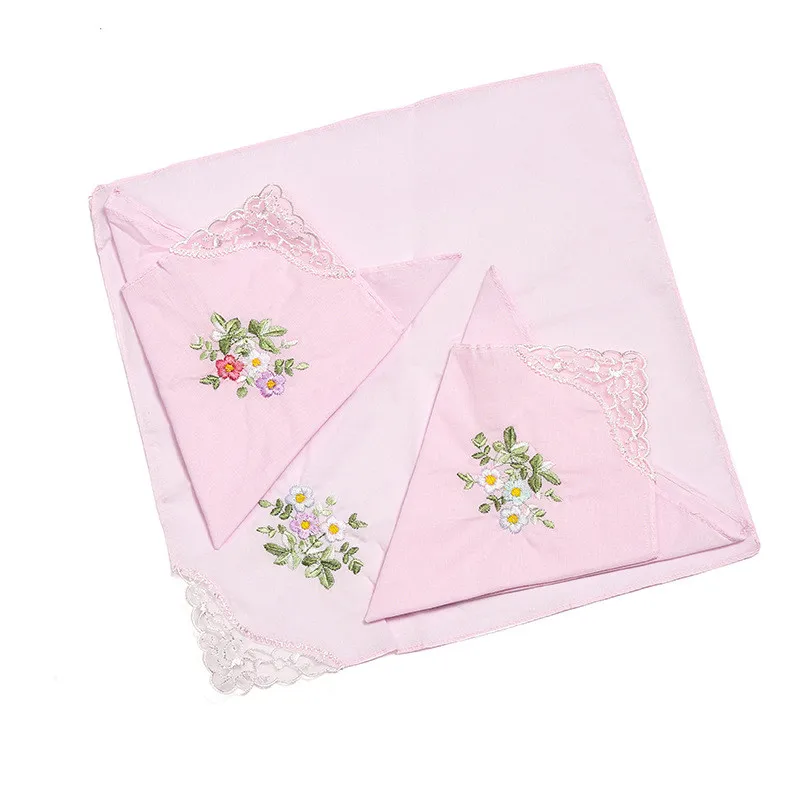 3Pcs 28x28cm Classic 100% Cotton Beautiful Handkerchiefs Women Washable Pocket Embroidered Lace Hankie Towel