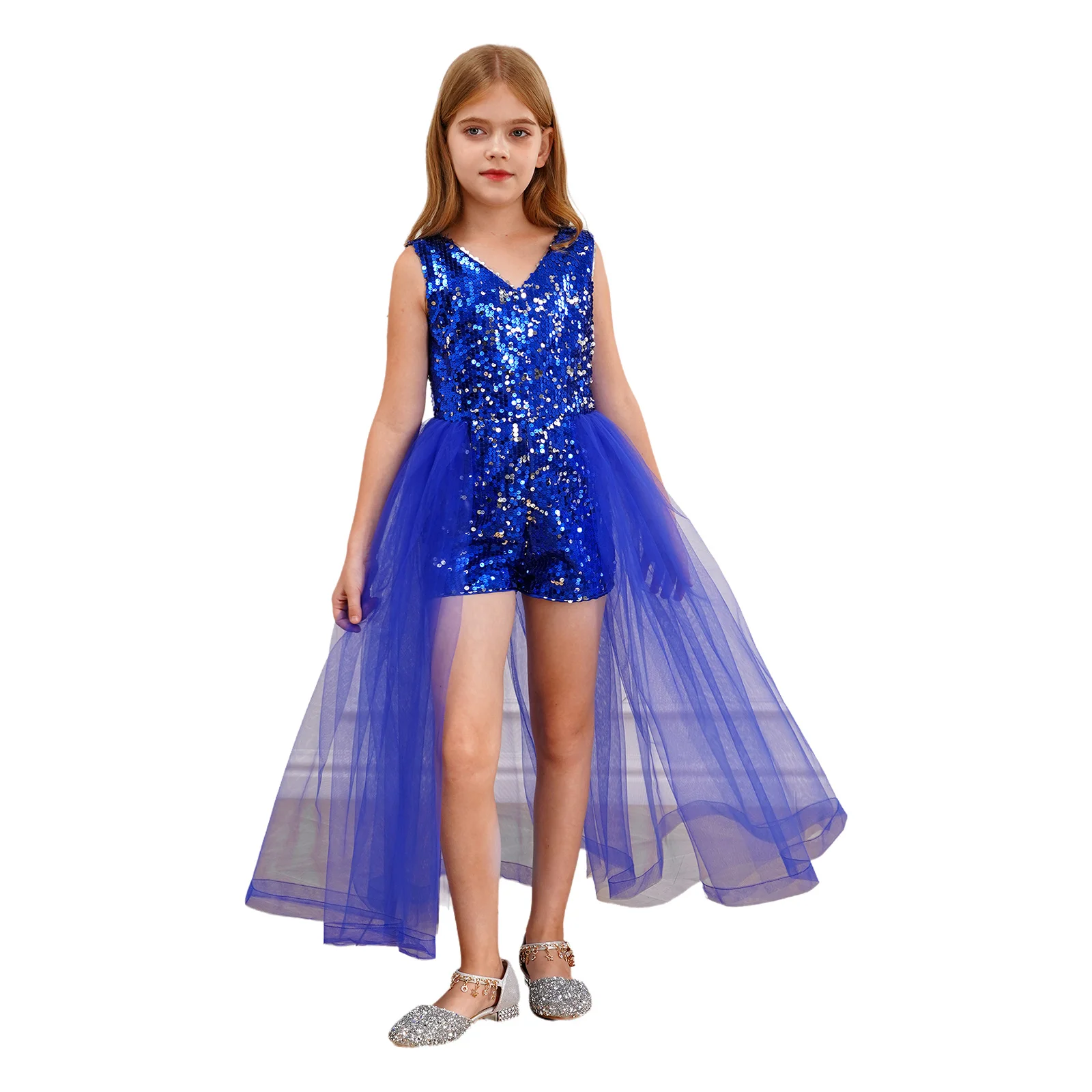 Kids Dress Girls V Neck Sparkly Sequin Romper with Tulle Skirt Children Sleeveless Formal Dress for Wedding Birthday Party Gown