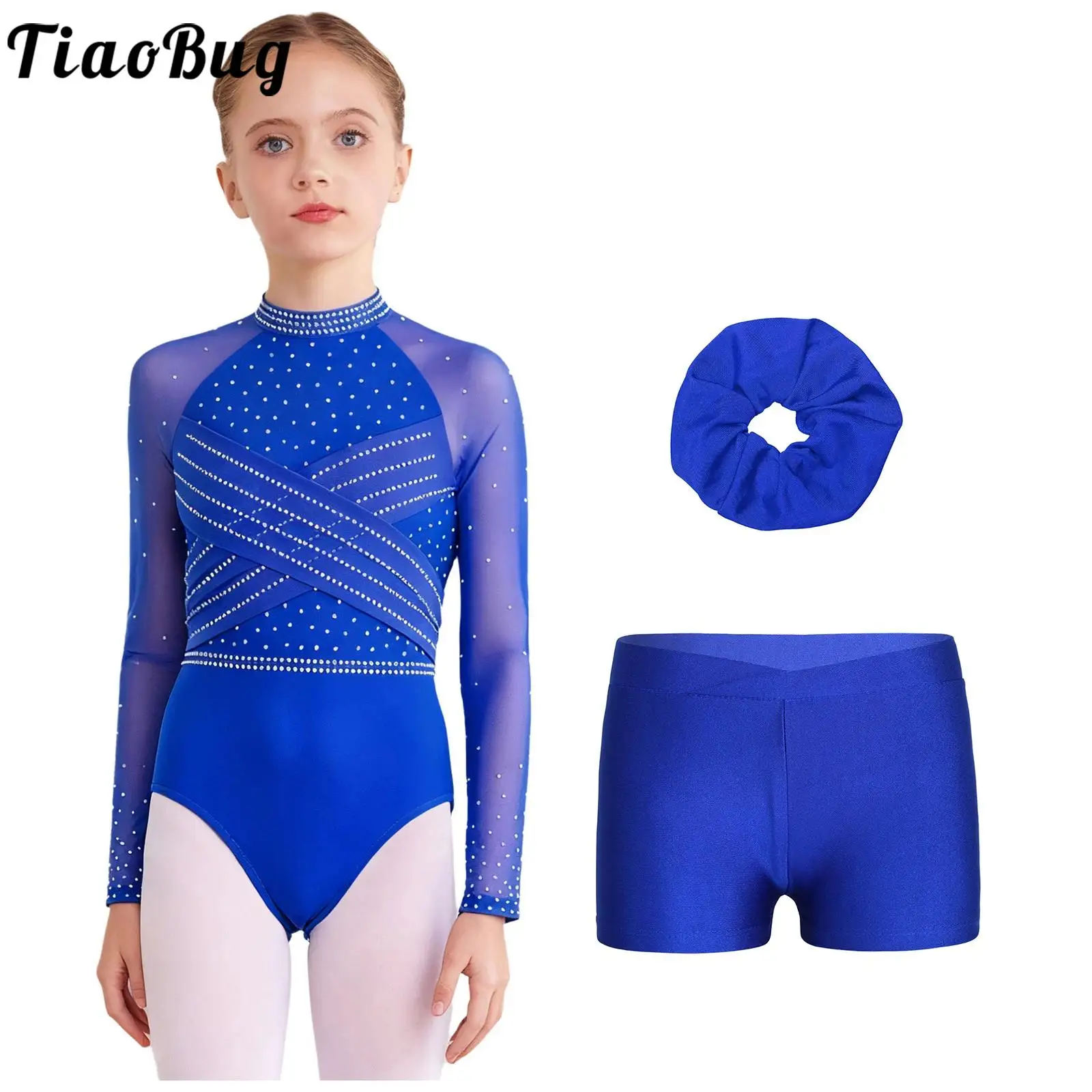 

Kids Girls Figure Skating Ballet Dance Gymnastics Outfit Sheer Mesh Long Sleeves Rhinestones Leotard with Shorts Hair Band Sets