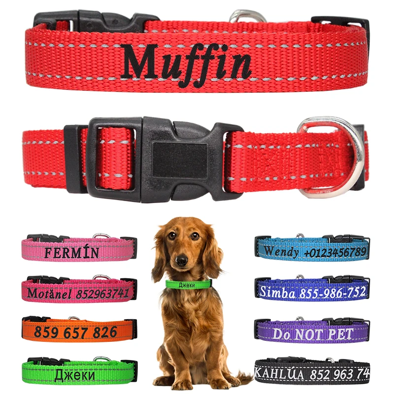 Custom Nylon Dog Collar Reflective Personalized Embroidered Adjustable Name Phone Number Necklace Small Large Pet Dog Collar