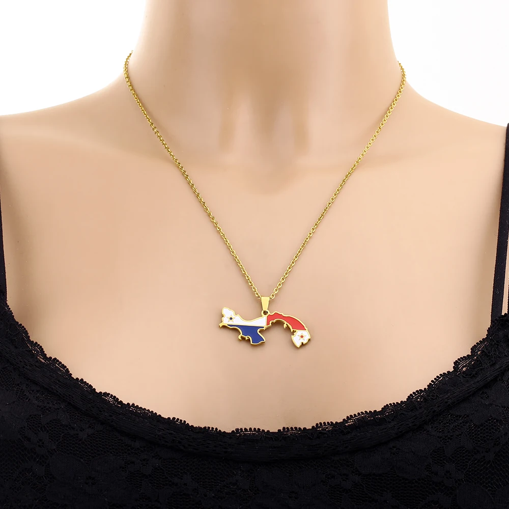 Stainless Steel Enamel Panama Map Flag Pendant Necklace Unisex Couple Ethnic Patriotic Jewelry Gift Hot Sale European Style