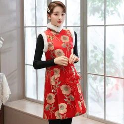 Winter China Mid-length Vest Sleeveless Padded Jacket Tang Suit Traditional Vintage Gilet Women Red Chinese New Year Clothing