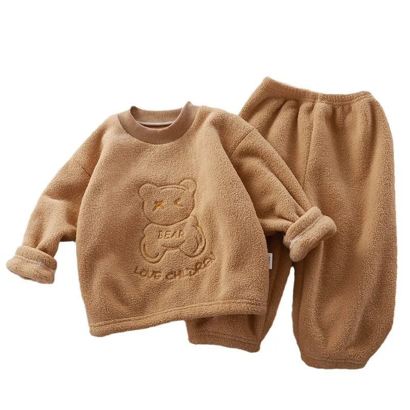 Autumn Winter Children Girls 2PCS Pajamas Clothes Set Fleece Thicken Warm Smling Sweatshirt Suit Soft Elastic Waist Pant Outfits