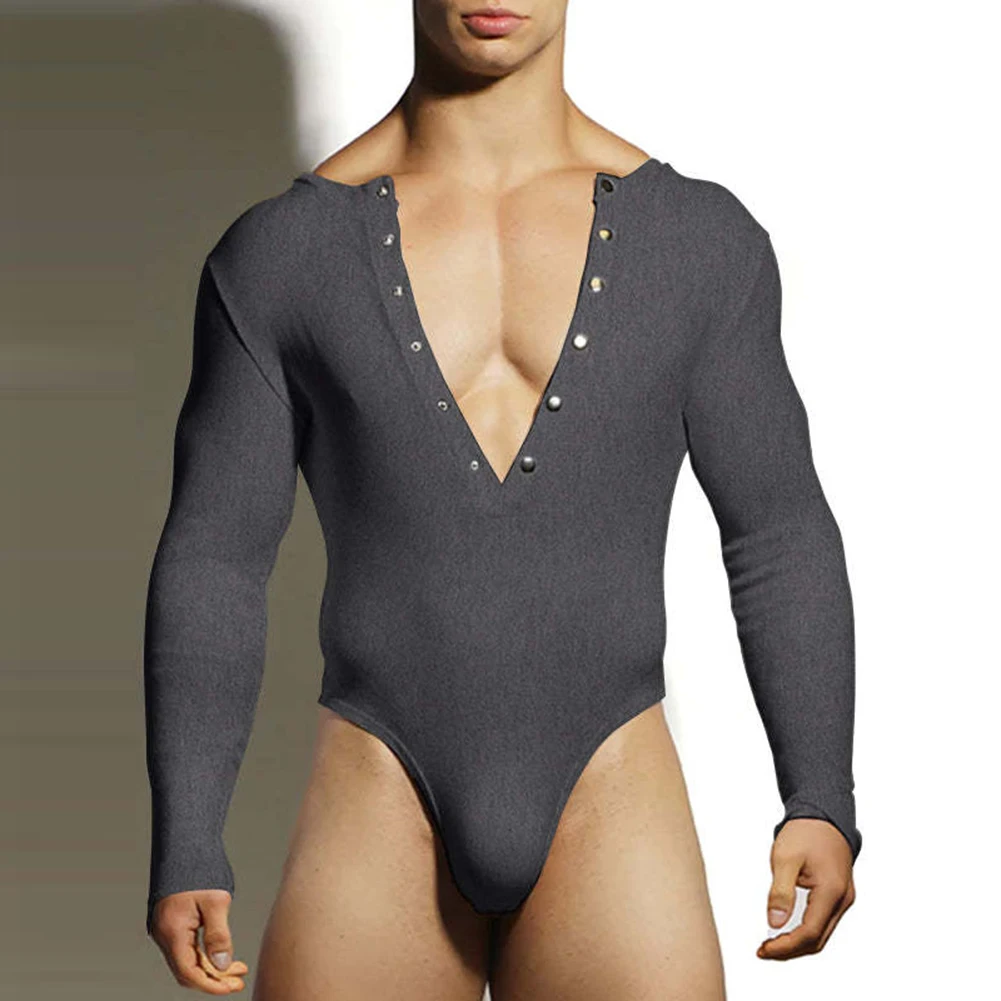 Men Bodysuit V Neck Long Sleeve Button Sexy Pajamas Fitness Underwear Solid Color Bodycon Jumpsuit T-Back Jumpsuit