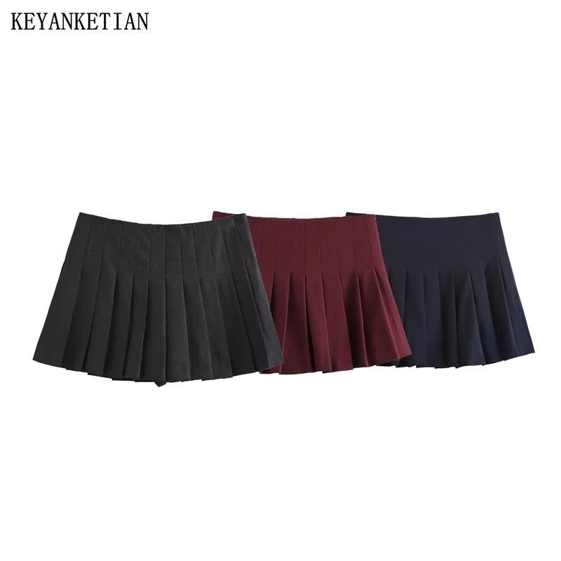 KEYANKETIAN 2025 New Women's Solid color Pleated Skirt Preppy Style Side Zipper High Waist Slim A Line Mini Skirt Pantskirt