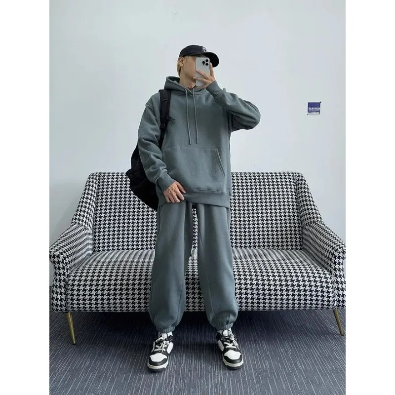 

Two-piece Set for Boys in Autumn Winter Simple and High-end Street Fashion Brand Loose Velvet Thickened Sweatshirt Sports Suit
