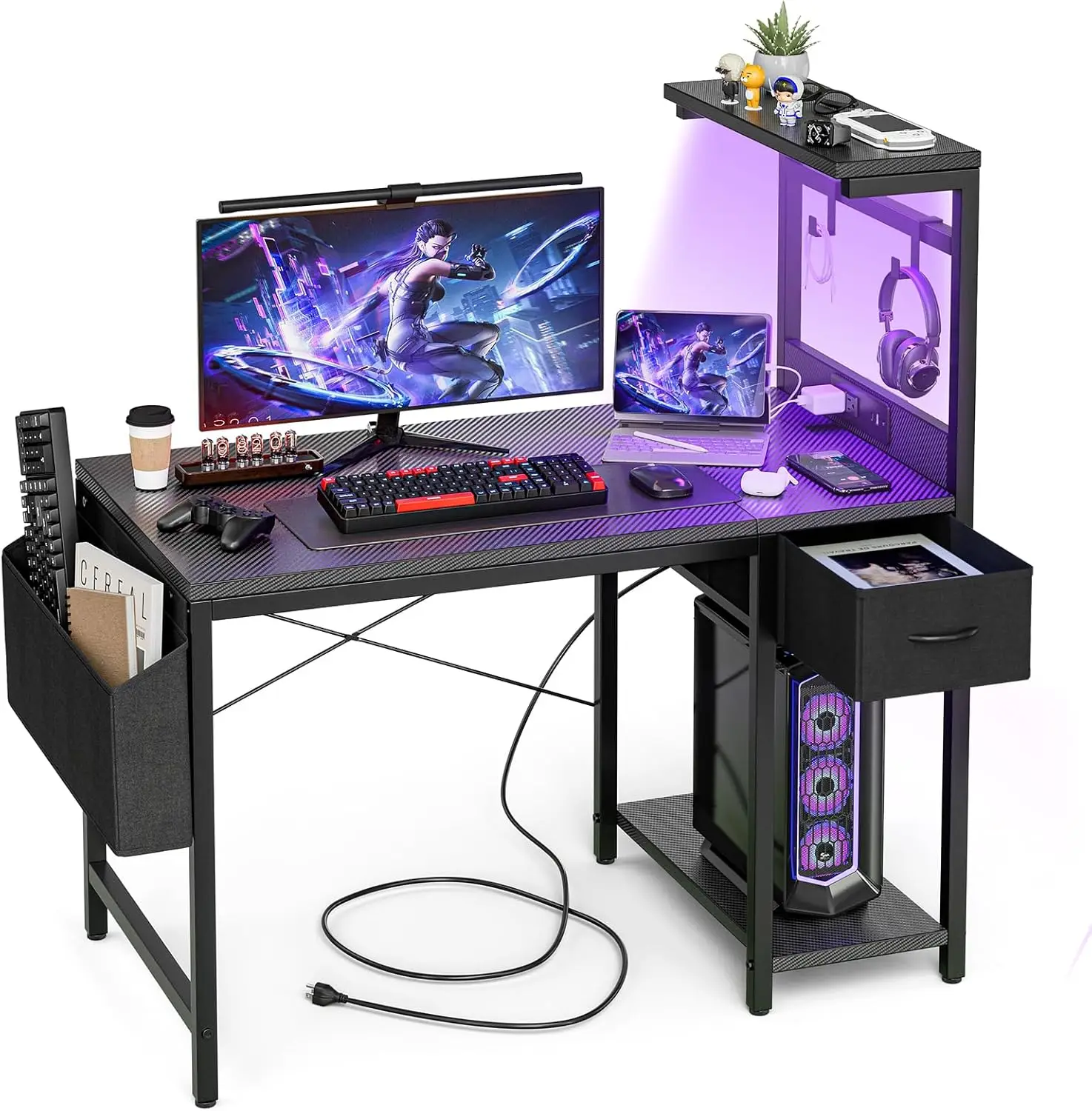 Home Office Use, Carbon Fiber Black Small Gaming Desk with Power Outlet, Led Light, Reversible Shelves, and Storage Drawer
