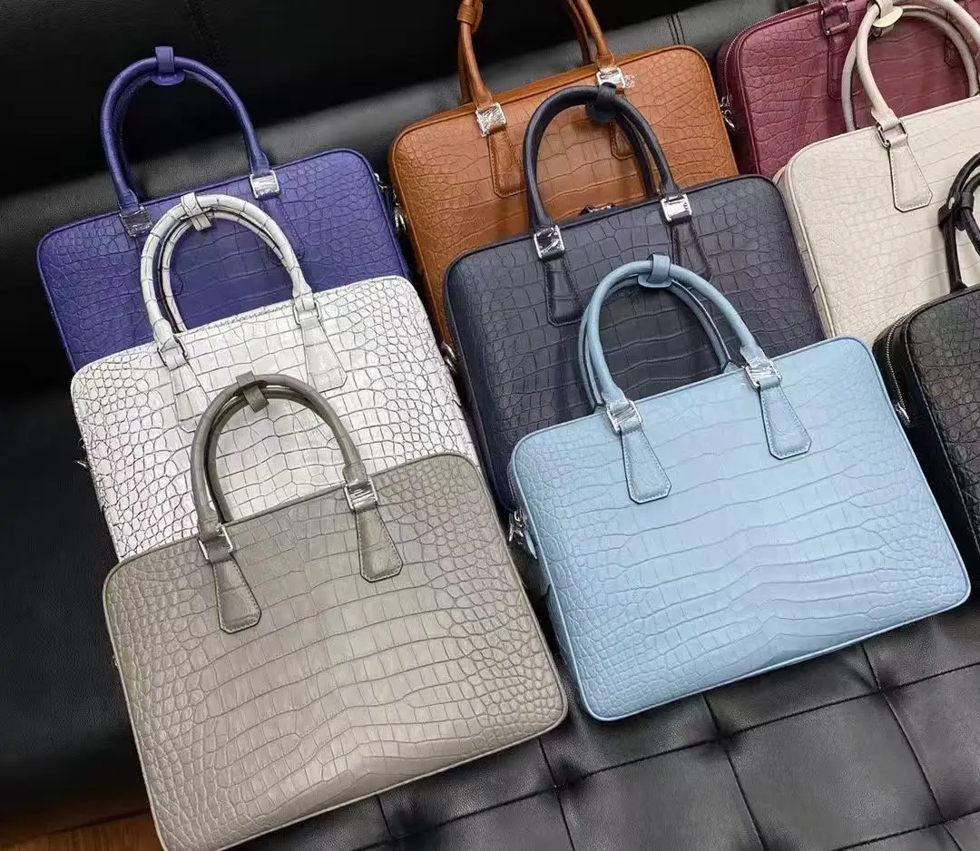 2026 new Luxury Quality briefcase bag Men's Genuine/Real 100% Crocodile belly skin men laptop bag light blue grey color