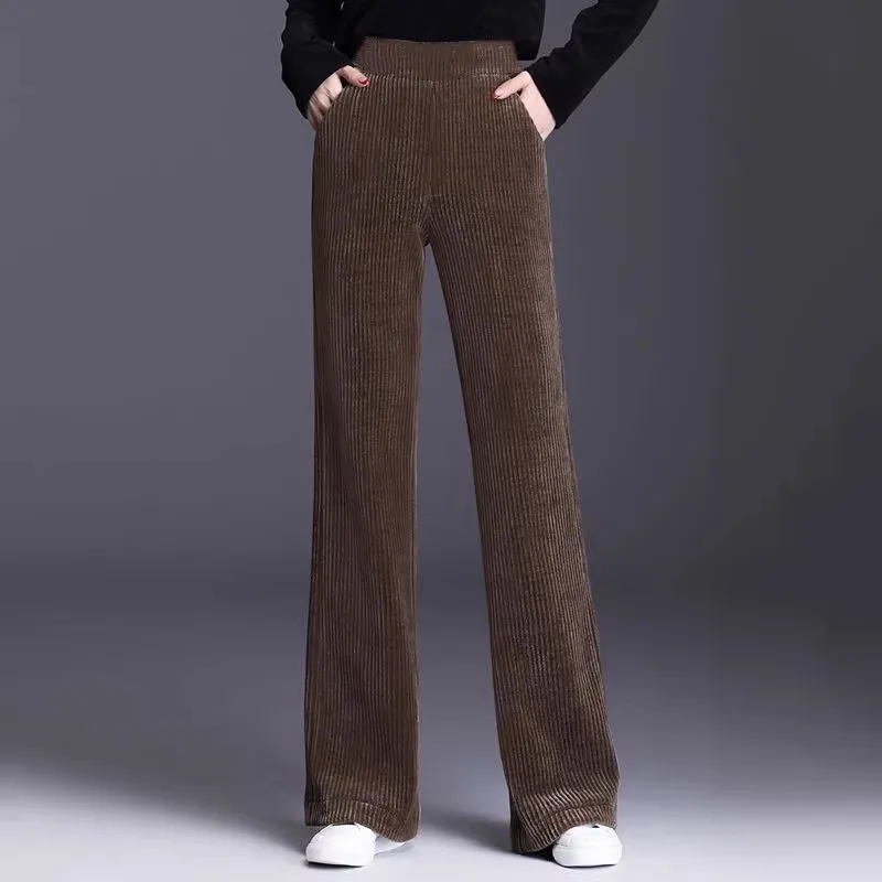 

Women's Fleece-Lined Corduroy Pants,Wide-Leg,Elastic,High Waist,Straight,Casual,Slimming,Mom,Autumn,Winter