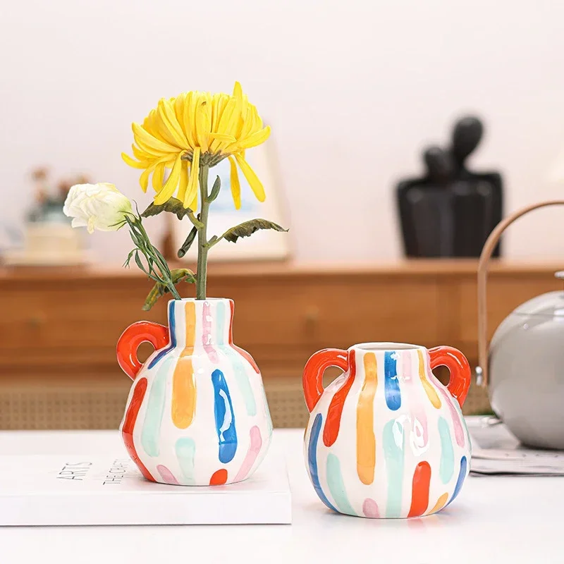 

Окрашенная керамическая ваза, ваза в вертикальную полоску, настольная цветочная кашпо, декор рабочего стола в ресторане, аксессуары для дома, 1 шт.