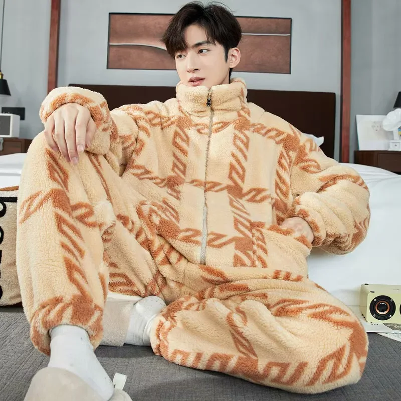 Male Winter Pajamas Coral Fleece Thickened Fleece-lined Teenagers Zipper Homewear Suit Men Stand Collar Warm Nightclothes Sets