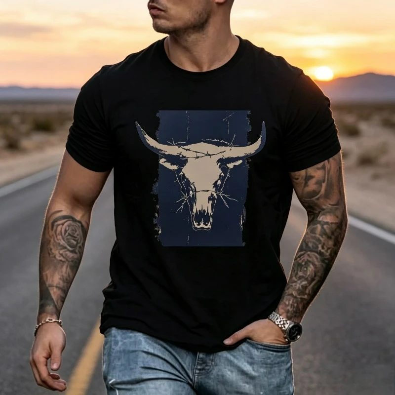 Vintage Bull Skull Barbed Wire Graphic Print Men T‑Shirt 100% Cotton Western Cowboy Retro Casual Streetwear Short Sleeve Tee