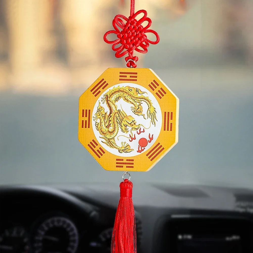 Taoism Tai Chi Eight Trigrams Fire Dragon Wooden Octagon Pendant Feng Shui Amulet Chinese Knot Tassel Charm Hanging Decor Mascot