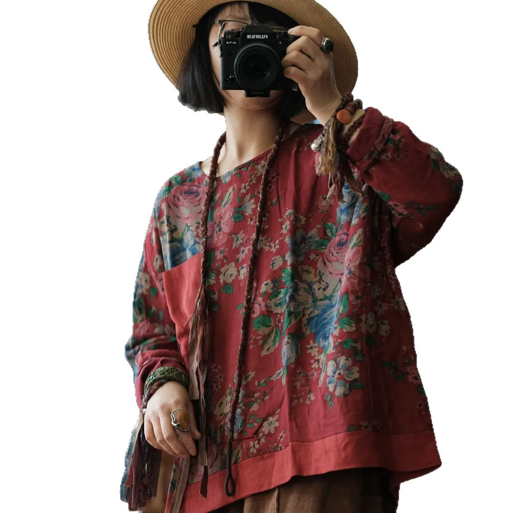 

Vintage Print Loose Plus Size T Shirt and Blouses Women Streetwear Retro Tee Ladies Harajuku Casual Cotton Long Sleeve Soft Top