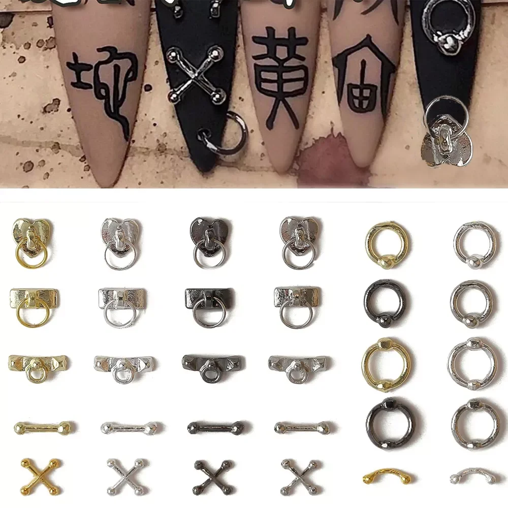 20 sztuk/worek punkowy krzyż Nail Art urok 3D Retro srebrny gotycki projekt Hollow żelazny pierścień zdobienie paznokci luksusowe przebite akcesoria do paznokci