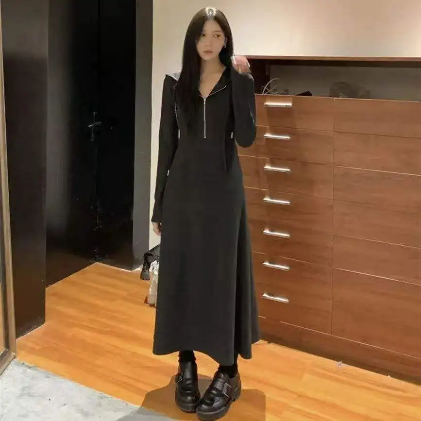 Bla Long Sve هوديي Dr ارتفاع الخصر التخسيس ربيع الخريف المرأة Faionable ثوب البوليستر الألياف Princ Sve