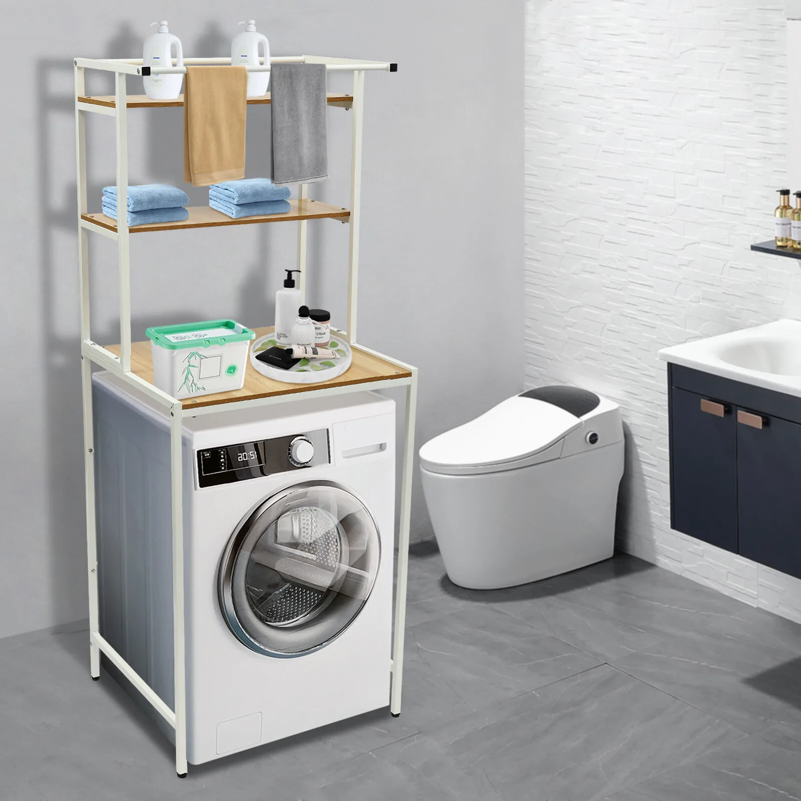 3-Tier Washer and Dryer Storage Shelf Bathroom Space Saving Organizer Rack with Clothes Hanging Rod Rail Towel Handbag Rack
