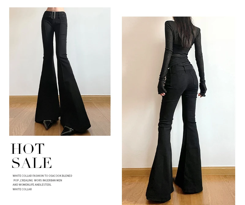 Women's Black Flare Pants Y2k Retro Emo 2000s Streetwear
