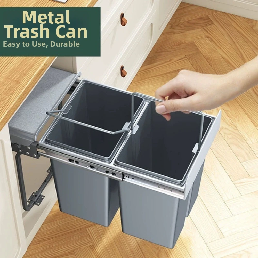 30/40L Kitchen Embedded Trash Bin With Lid Large Capacity Under Sink Trash Can Pull-Out Tray Drawer-Type Trash Can Space Saving