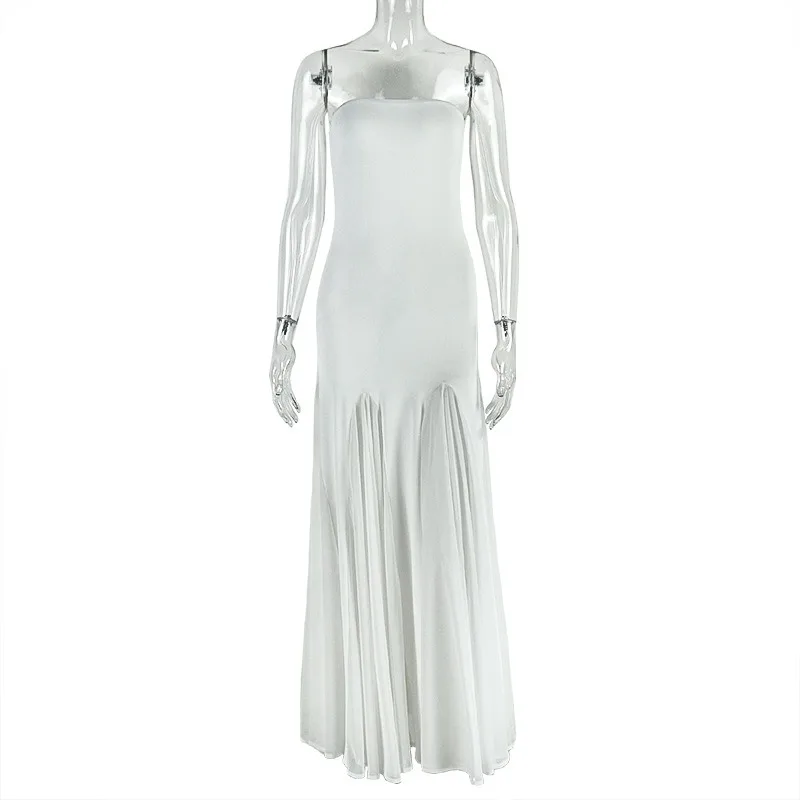 Vestido largo acampanado sin tirantes de malla transparente para mujer, vestido elegante Sexy sin mangas con espalda descubierta, vestido largo ajustado para fiesta de cumpleaños