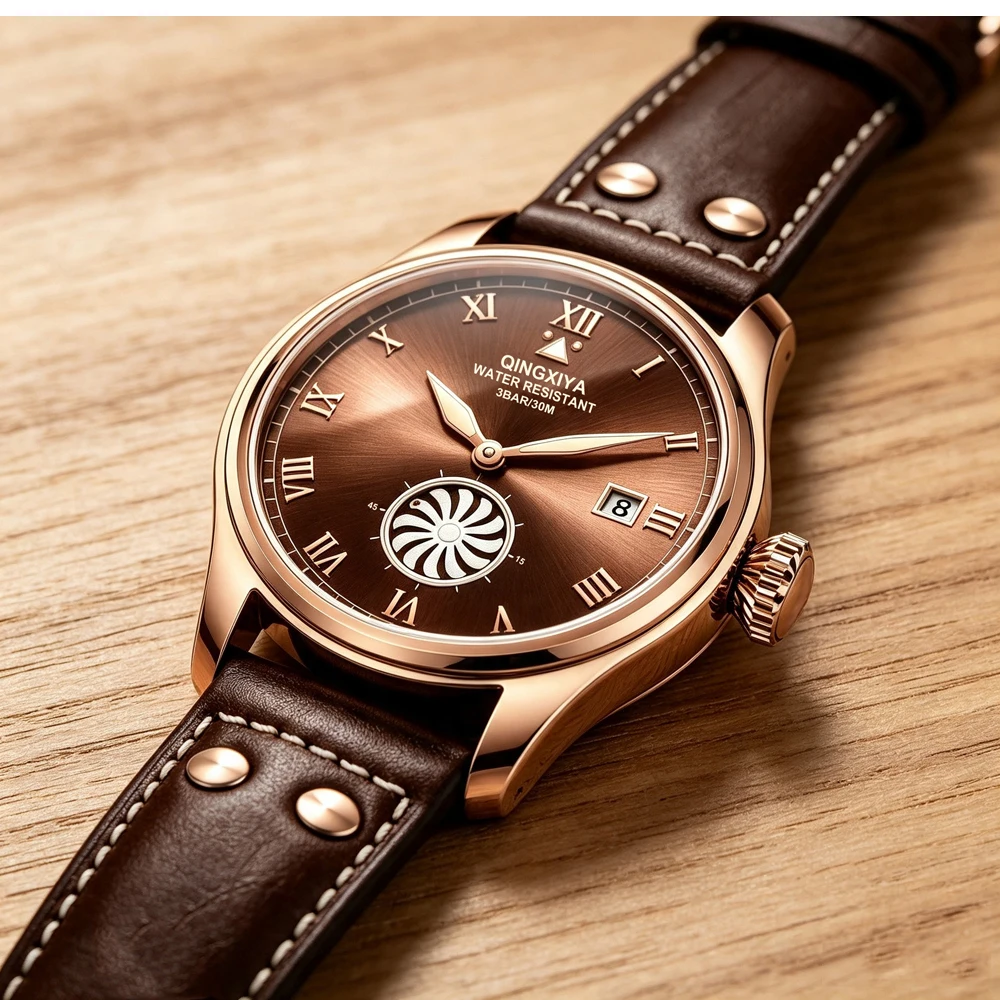 QINGXIYA Marken-Modeuhren für Herren, Turbinen-Sekundenanzeige, Quarzuhr für Männer, Hochwertige Leder-Armbanduhr, Wasserdicht, mit Datumsanzeige – Detail 8