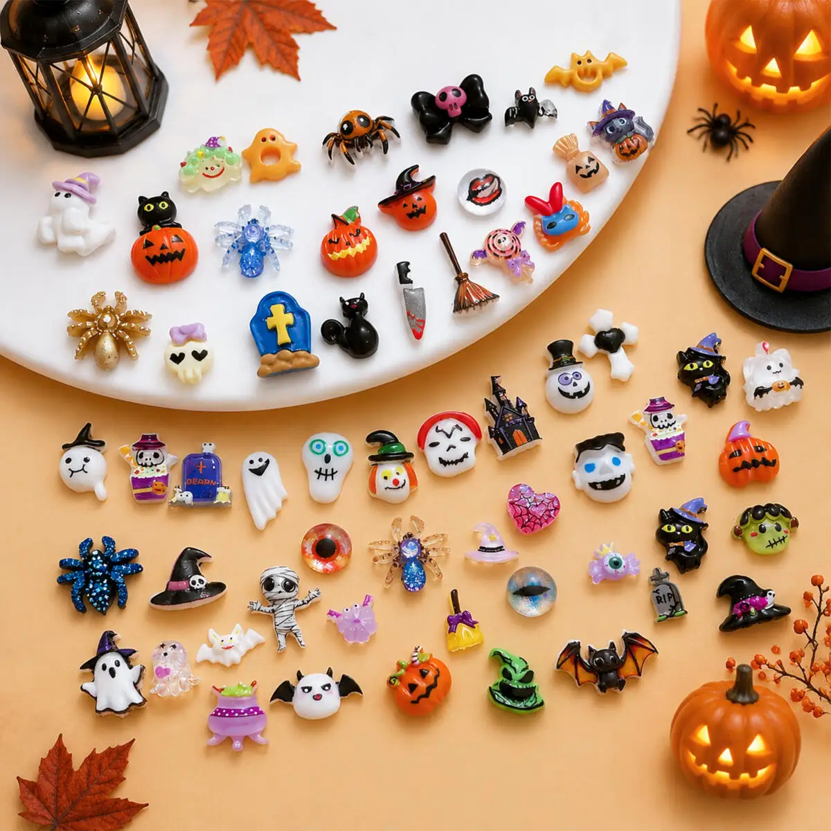 Creative Bat Skull Castle Tombstone Resin Nail Charms 3D Simulated Pumpkin Broom Bandage Man Mixed Nail Art Decoration DIY Nails