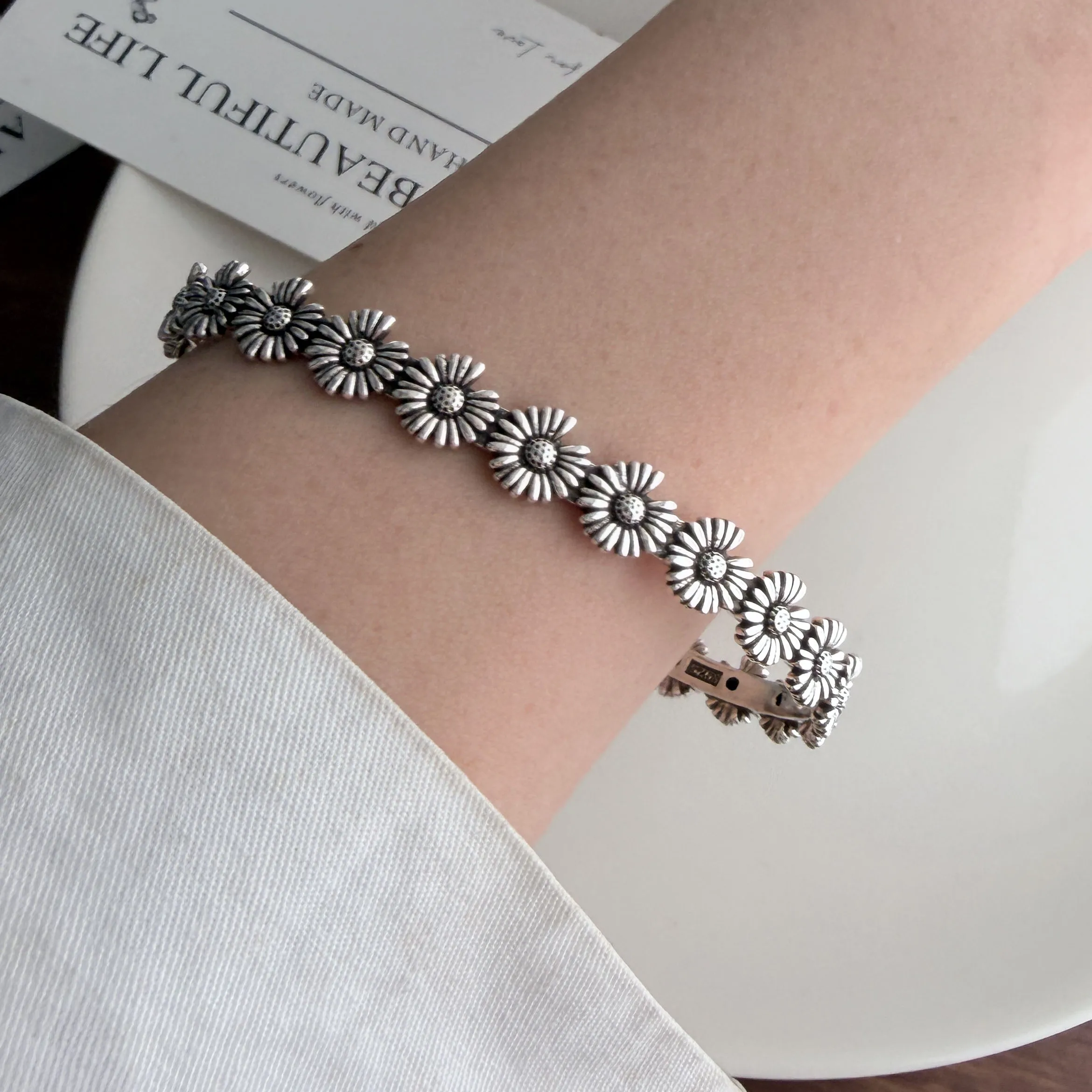 925 Sterling Silver Bracelets for Women Men String Accessories Trend Vintage Simple Retro Flower Pendant Party Jewelry Gift
